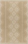 Close-up of the Olina Flatweave Faux Jute Rug. Khaki and tan rug with a geometric diamond pattern. Farmhouse style. Design-Rectangle-537