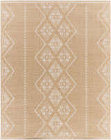 Close-up of the Olina Flatweave Faux Jute Rug. Khaki and tan rug with a geometric diamond pattern. Farmhouse style. Design-Rectangle-71010