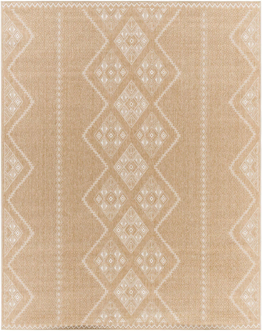 Close-up of the Olina Flatweave Faux Jute Rug. Khaki and tan rug with a geometric diamond pattern. Farmhouse style. Design-Rectangle-71010
