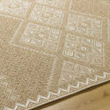 Close-up of the Olina Flatweave Faux Jute Rug. Khaki and tan rug with a geometric pattern and a zig-zag border. Texture