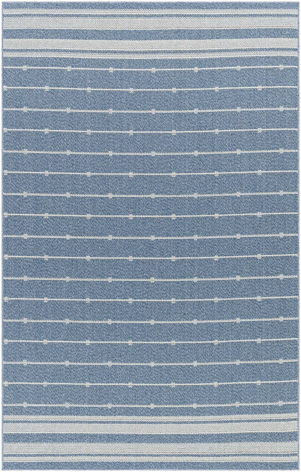 Close-up of Palma Slate Area Rug. Slate blue rug with thin white stripes and dotted accents. Machine woven texture. Design-Rectangle-537