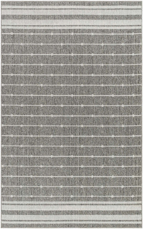 Close-up of Palma Tan Area Rug featuring a tan base with a white striped pattern and subtle geometric accents. Design-Rectangle-537