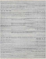 Close-up of the Gray Eldad Area Rug. Hand-knotted, Scandinavian style with black, silver, and white horizontal stripes. Design-Rectangle-810