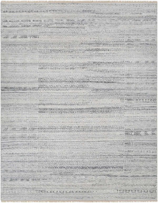 Close-up of the Gray Eldad Area Rug. Hand-knotted, Scandinavian style with black, silver, and white horizontal stripes. Design-Rectangle-810