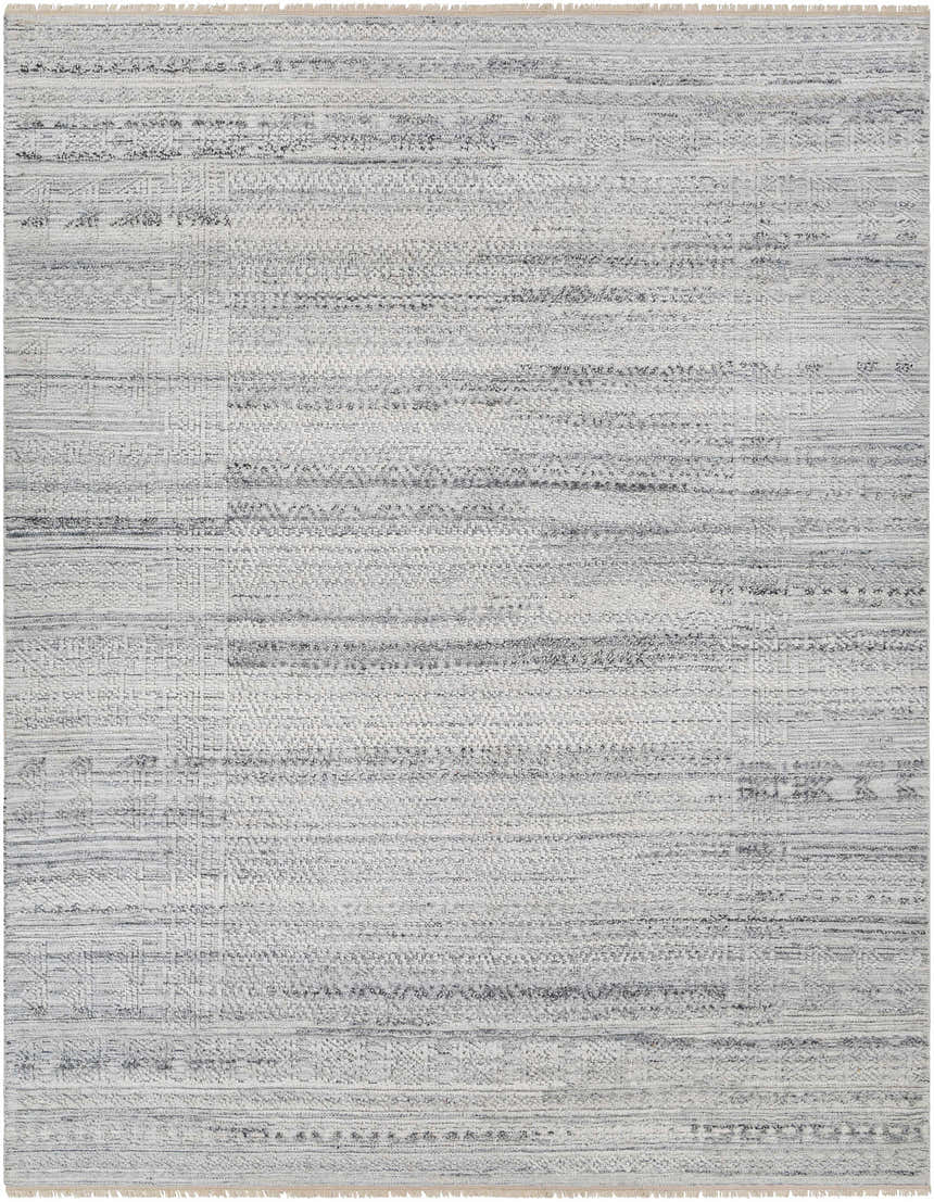 Close-up of the Gray Eldad Area Rug. Hand-knotted, Scandinavian style with black, silver, and white horizontal stripes. Design-Rectangle-810