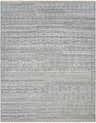 Close-up of Gray Kazi Area Rug. Hand-knotted, geometric design in beige, black, charcoal, teal, and white recycled PET yarn. Design-Rectangle-810