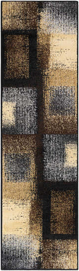 Close-up of the Spraggs Area Rug. Contemporary design with black, brown, beige, and gray blocks. Machine woven polypropylene rug. Design-Runner-2276