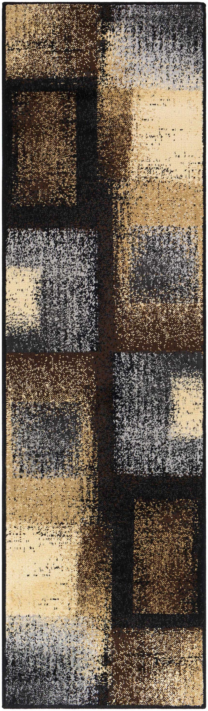 Close-up of the Spraggs Area Rug. Contemporary design with black, brown, beige, and gray blocks. Machine woven polypropylene rug. Design-Runner-2276