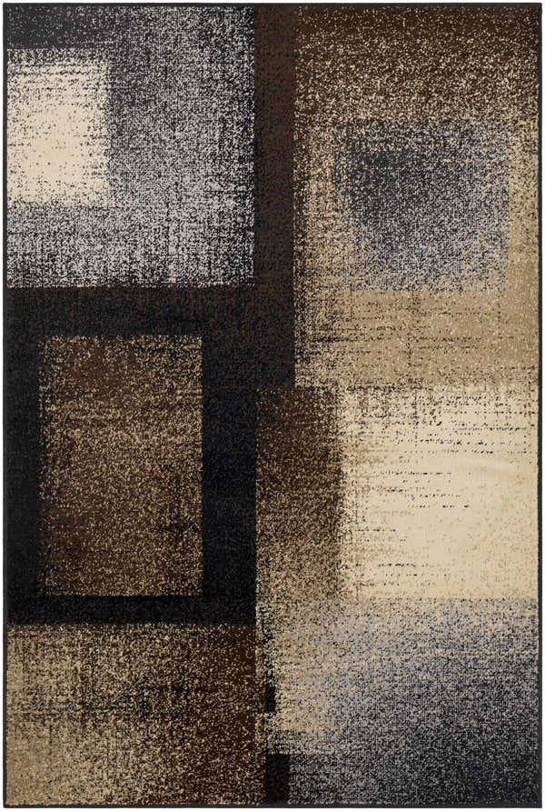 Spraggs Area Rug with a contemporary geometric design in black, charcoal, brown, beige, and gray. Design-Rectangle-5376