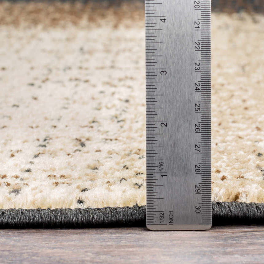 Close-up of Spraggs Area Rug texture. Beige rug with black, brown and gray spots. Ruler shows rug thickness. Pile