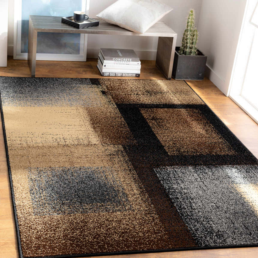 Entryway scene with a Spraggs Area Rug. Contemporary rug in black, brown, beige, and gray tones. Modern decor. Roomscene-Rectangle