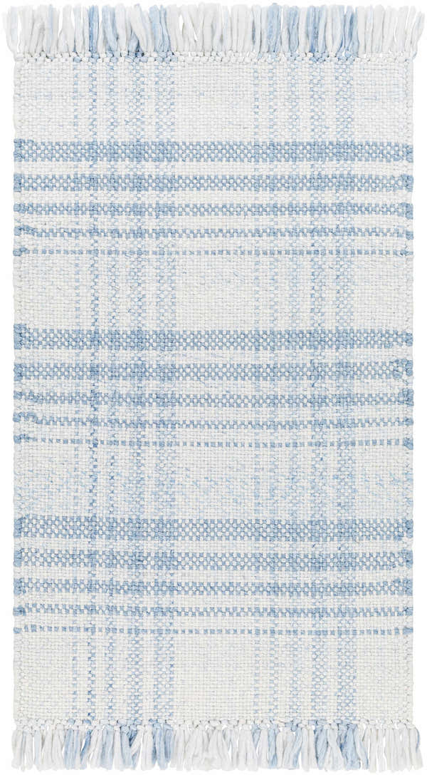 Close-up of the Inara Blue Plaid Area Rug. Hand-woven, recycled PET yarn rug with blue and white plaid pattern and fringed edges. Design-Rectangle-23