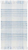 Close-up of the Inara Blue Plaid Area Rug. Hand-woven, recycled PET yarn rug with blue and white plaid pattern and fringed edges. Design-Rectangle-23