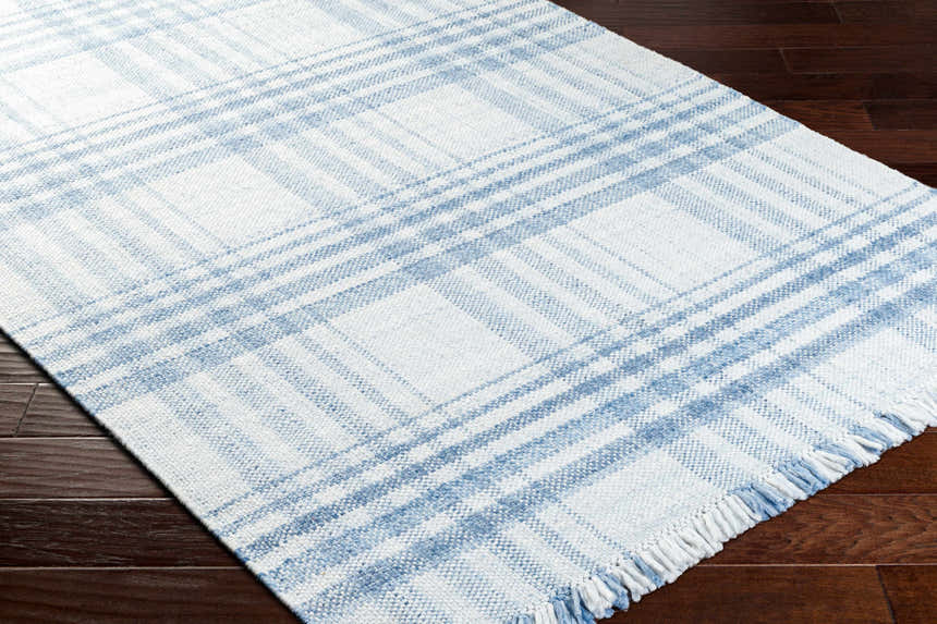 Close-up of the Inara Blue Plaid Area Rug showing its woven texture, blue plaid pattern, and fringed edge on dark wood flooring. Corner