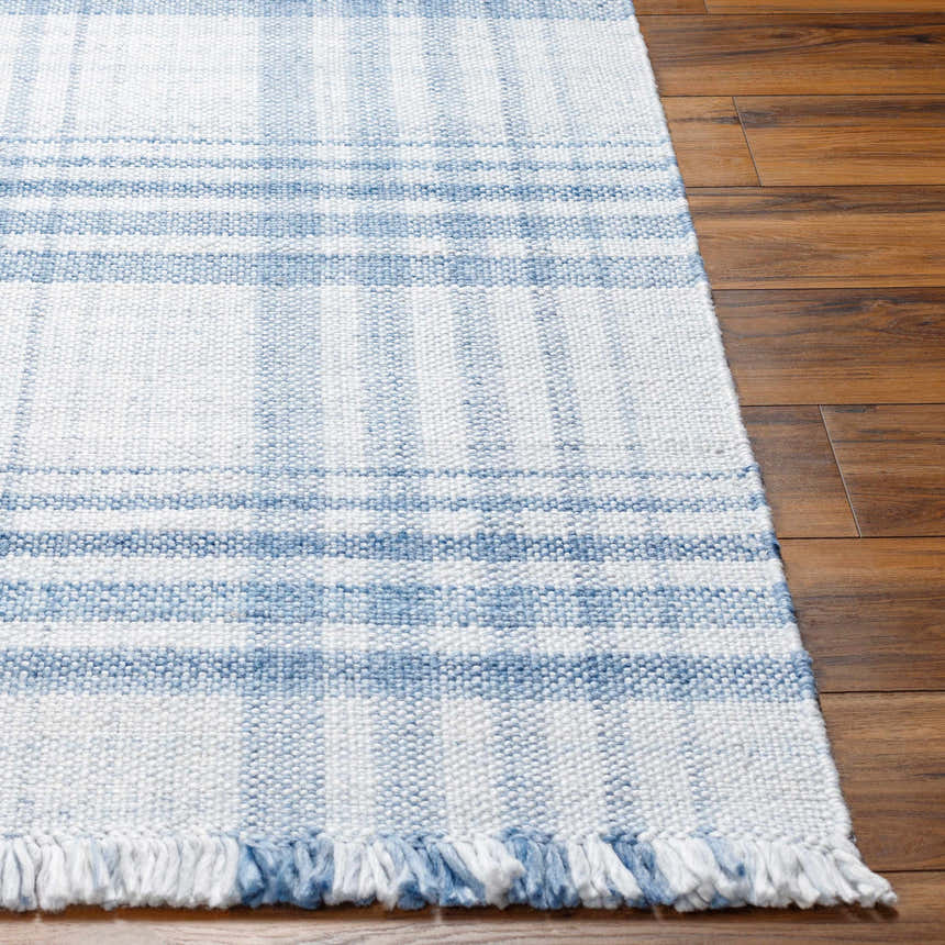 Close-up of the hand-woven Inara Blue Plaid Area Rug showing the blue and white pattern and fringe detail on wood floors. Front