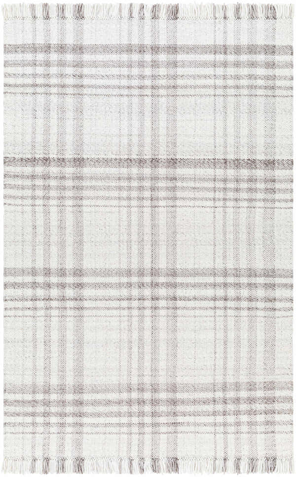 Close-up of the hand-woven Inara Plaid Area Rug. Gray, light gray, and dark gray plaid pattern with fringe. Design-Rectangle-576