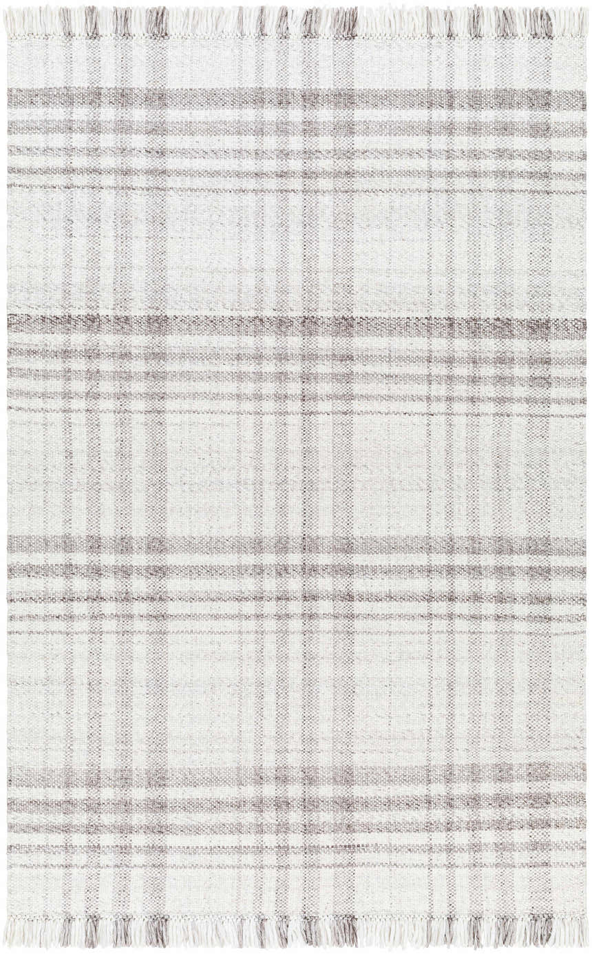 Close-up of the hand-woven Inara Plaid Area Rug. Gray, light gray, and dark gray plaid pattern with fringe. Design-Rectangle-576