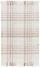 Close-up of the Inara Light Brown Plaid Area Rug. Hand woven rug with beige and brown plaid pattern and fringe. Design-Rectangle-23