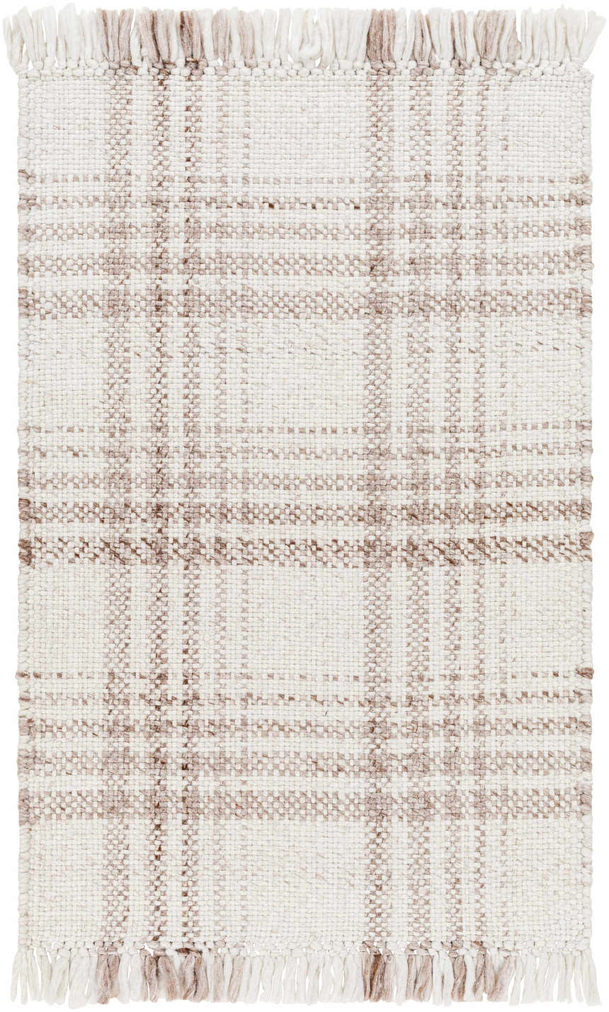 Close-up of the Inara Light Brown Plaid Area Rug. Hand woven rug with beige and brown plaid pattern and fringe. Design-Rectangle-23
