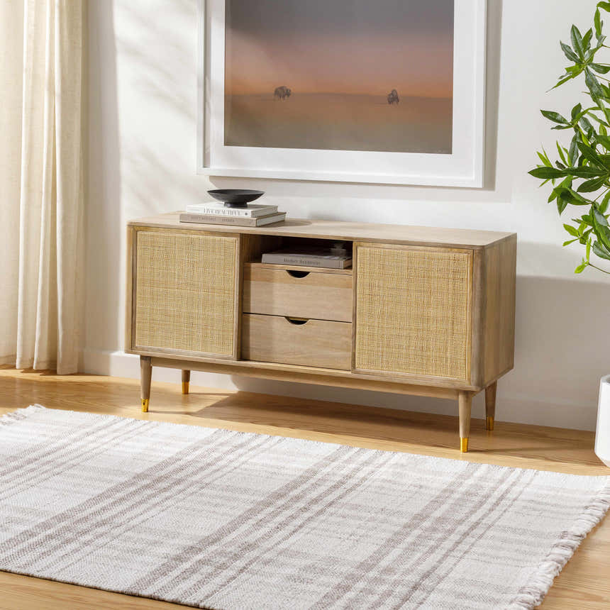 Living room scene with Inara Light Brown Plaid rug, wood floor, and light wood media cabinet with woven door panels. Roomscene-Rectangle