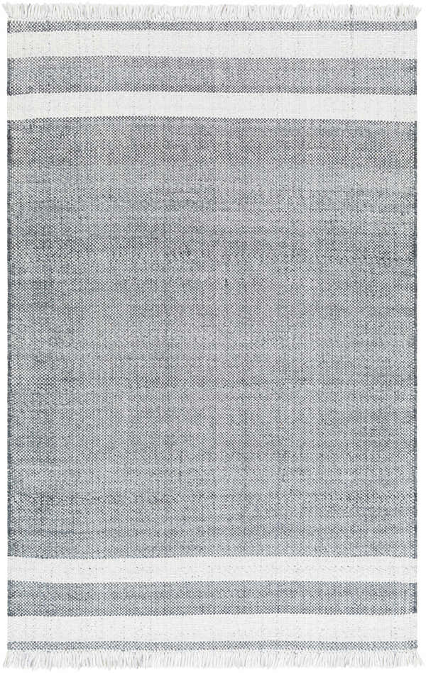 Close-up of the Loic Gray Area Rug showing a textured, hand-woven design with gray tones and white stripes with fringe. Design-Rectangle-576