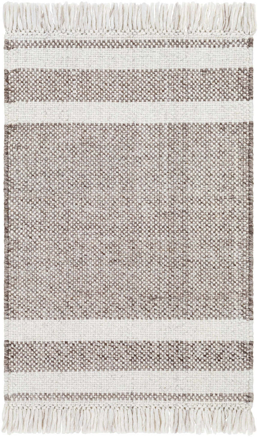 Close-up of the hand-woven Loic Light Brown Area Rug, featuring a striped pattern and fringe. Recycled PET yarn texture. Design-Rectangle-23