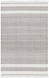 Close-up of the hand-woven Loic Light Brown Area Rug. Features a striped pattern and fringe. Recycled PET yarn texture. Design-Rectangle-576