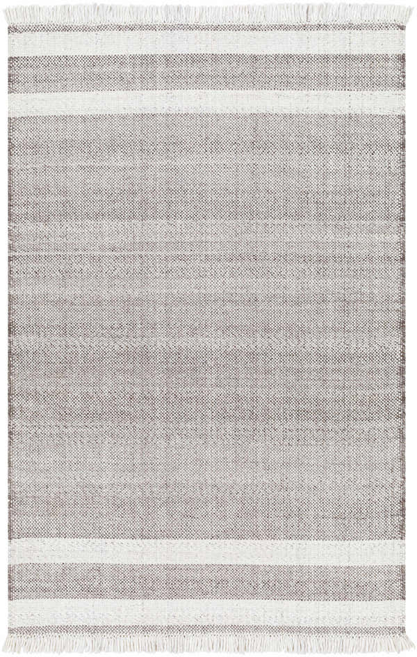 Close-up of the hand-woven Loic Light Brown Area Rug. Features a striped pattern and fringe. Recycled PET yarn texture. Design-Rectangle-576