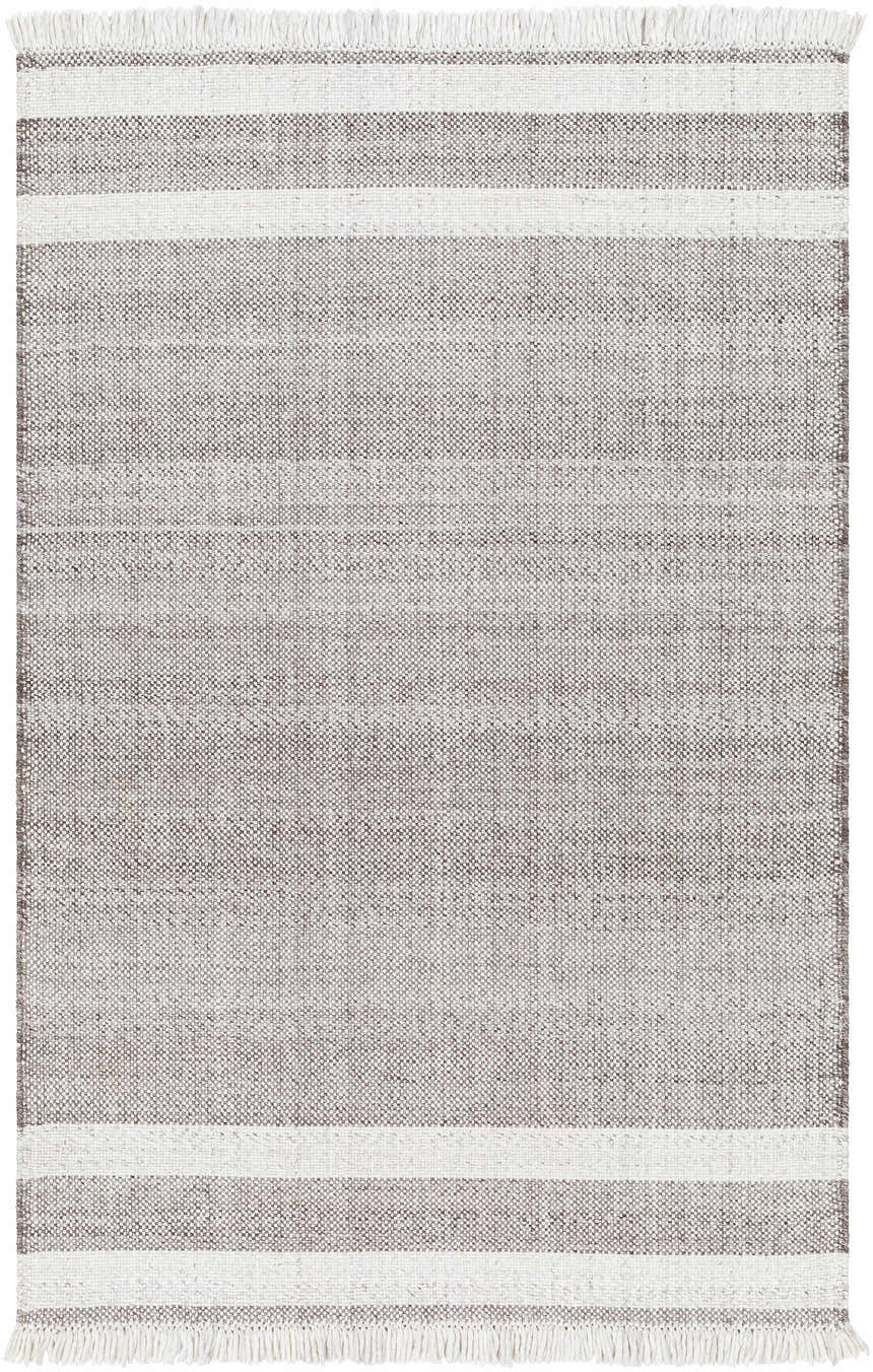 Close-up of the hand-woven Loic Light Brown Area Rug. Features a striped pattern and fringe. Recycled PET yarn texture. Design-Rectangle-576