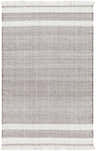 Close-up of the hand-woven Loic Light Brown Area Rug. Features a striped pattern and fringe. Recycled PET yarn texture. Design-Rectangle-576