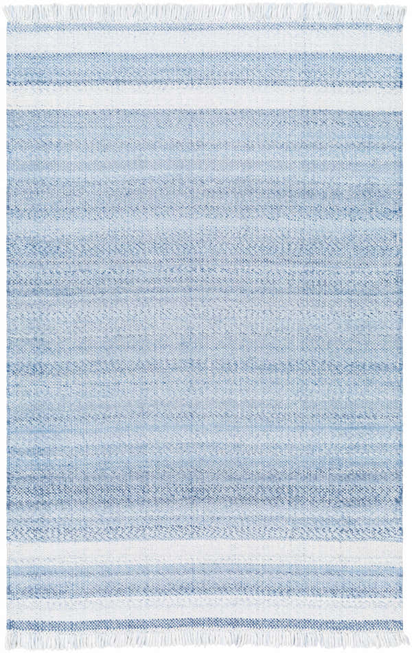 Close-up of the Loic Silver Blue Area Rug. Hand-woven rug with light blue stripes and fringed edges. Design-Rectangle-576