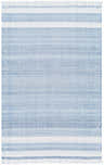 Close-up of the Loic Silver Blue Area Rug. Hand-woven rug with light blue stripes and fringed edges. Design-Rectangle-576