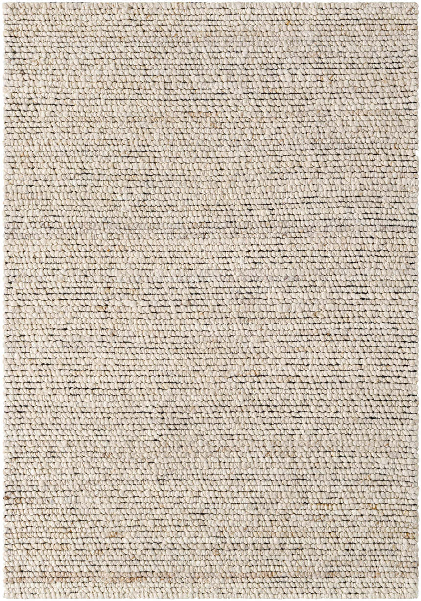 Close-up of the hand woven Olisa Cream Wool Area Rug. Beige and bone colored wool texture. Design-Rectangle-576