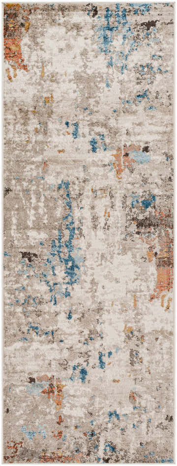 Close-up of the Enise Area Rug. Contemporary style with gray, brown, blue, and orange abstract pattern. Machine woven polypropylene. Design-Runner-2773