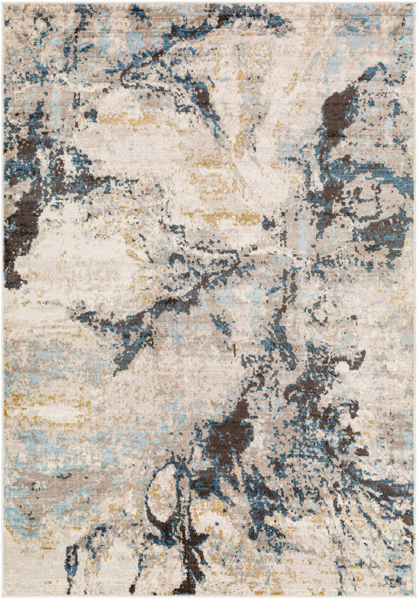 Close-up of the Gamze Area Rug, a contemporary rug in charcoal, beige, brown, gray, and blue abstract pattern. Design-Rectangle-537
