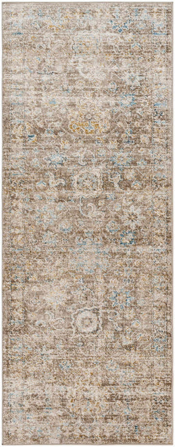 Close-up of the Harim Light Brown Area Rug, featuring a traditional pattern in brown, beige, and blue tones. Design-Runner-2773