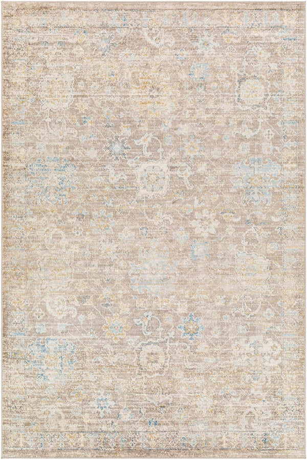 Close-up of the Harim Light Brown Area Rug, featuring a traditional floral pattern in light brown, cream, blue, and gold tones. Design-Rectangle-537