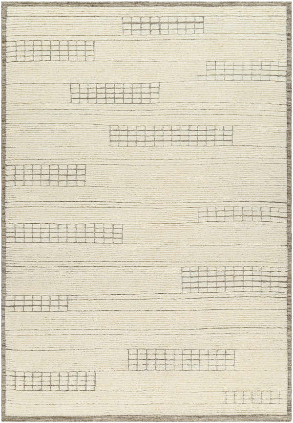 Hand-knotted Joren Area Rug. Cream wool rug with a modern grid pattern and subtle texture. Design-Rectangle