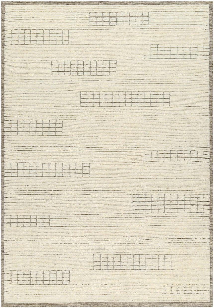 Hand-knotted Joren Area Rug. Cream wool rug with a modern grid pattern and subtle texture. Design-Rectangle
