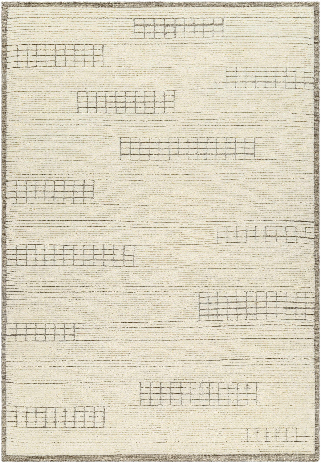 Hand-knotted Joren Area Rug. Cream wool rug with a modern grid pattern and subtle texture. Design-Rectangle