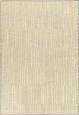 Close-up of the Karam Area Rug. Hand-knotted wool rug with a subtle, textured geometric pattern in neutral cream and beige tones. Design-Rectangle