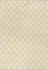Close-up of the hand-knotted Kiril Area Rug. Cream and beige wool rug with a checkerboard pattern. Design-Rectangle