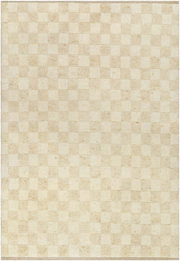 Close-up of the hand-knotted Kiril Area Rug. Cream and beige wool rug with a checkerboard pattern. Design-Rectangle