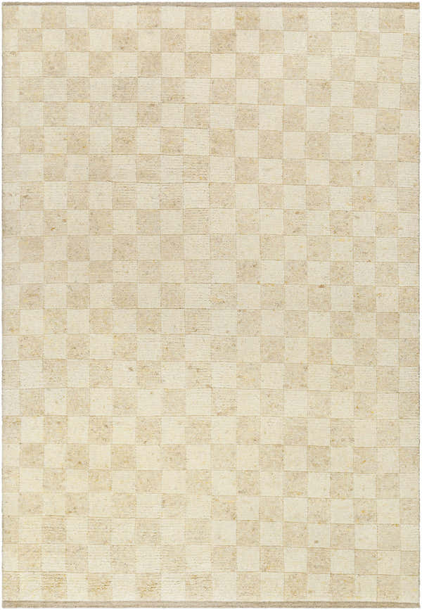 Close-up of the hand-knotted Kiril Area Rug. Cream and beige wool rug with a checkerboard pattern. Design-Rectangle