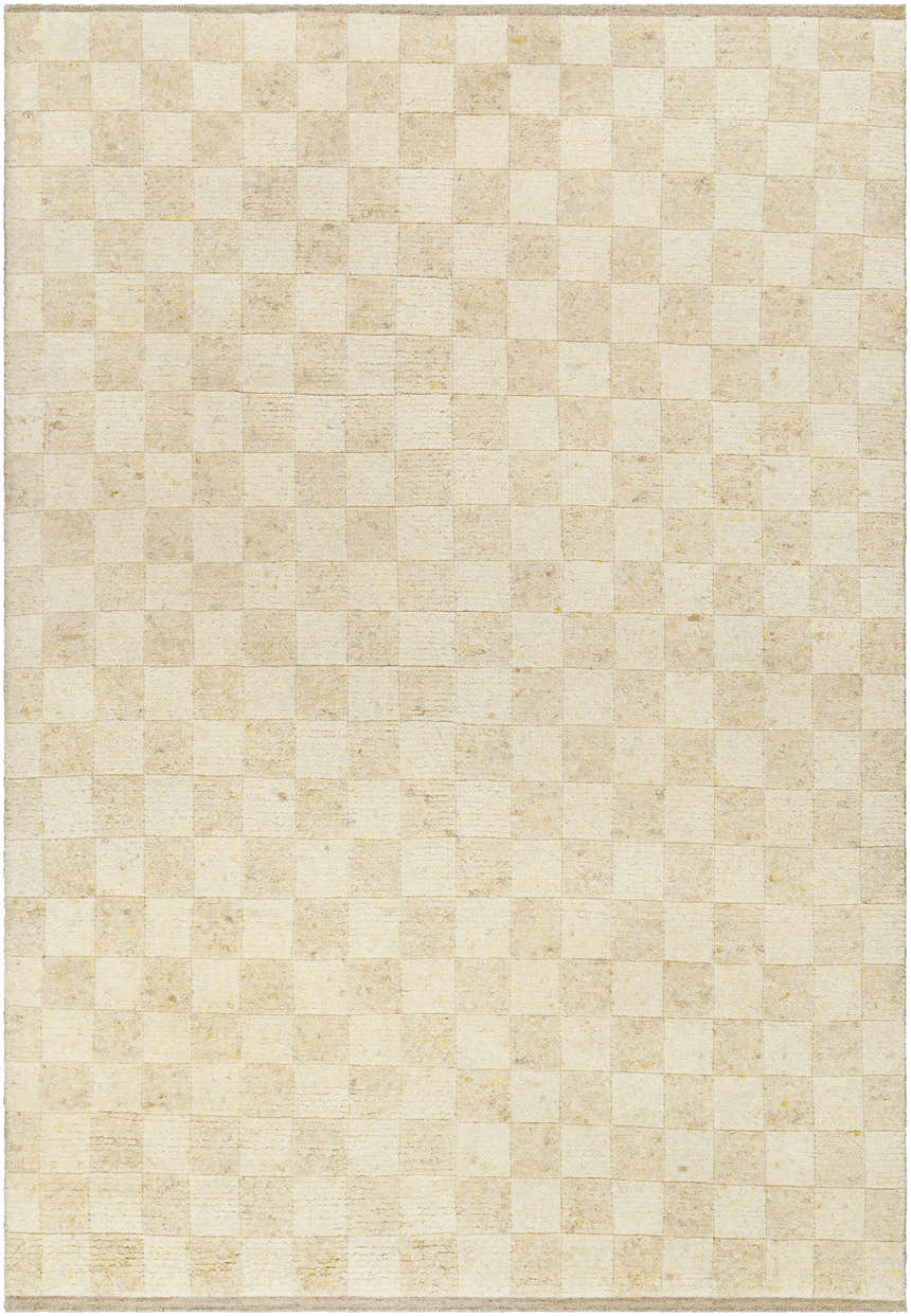 Close-up of the hand-knotted Kiril Area Rug. Cream and beige wool rug with a checkerboard pattern. Design-Rectangle