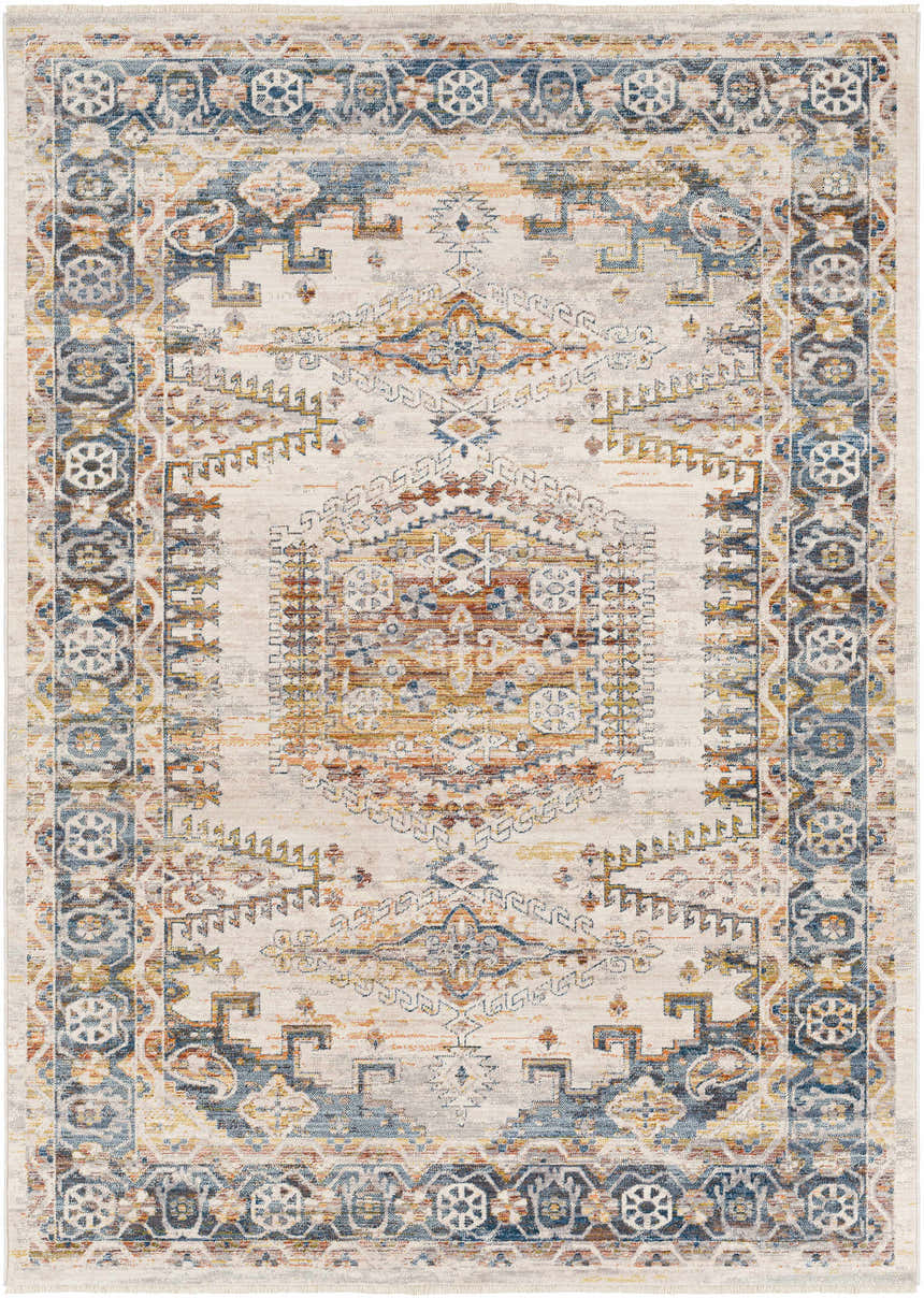 Close-up of the Espy Area Rug: a machine-woven traditional rug with brick red, burnt orange, and dark blue oriental patterns. Design-Rectangle-58