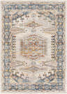 Close-up of the Espy Area Rug: a machine-woven traditional rug with brick red, burnt orange, and dark blue oriental patterns. Design-Rectangle-58