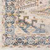 Close-up of the Espy Area Rug: traditional oriental pattern in brick red, burnt orange, cream, and dark blue hues. Swatch