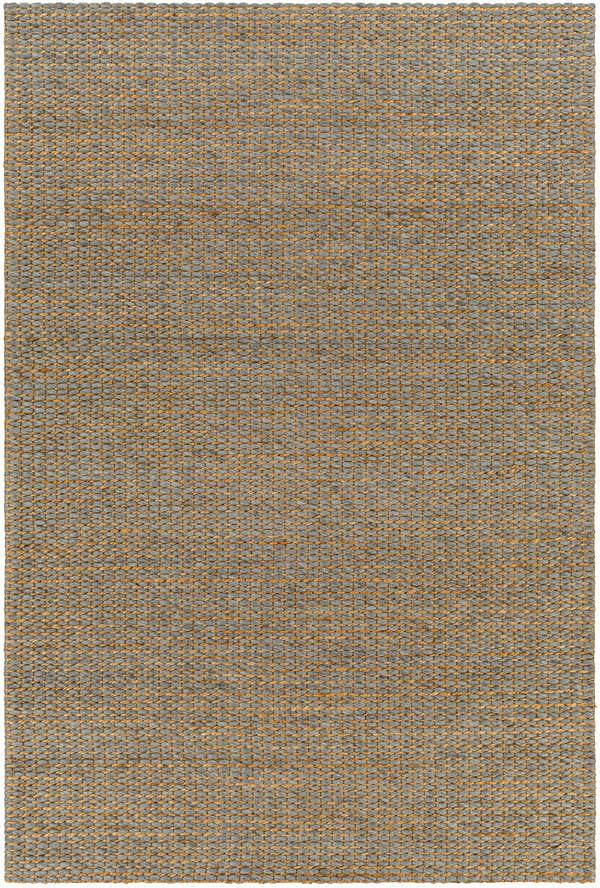 Close-up of the hand woven Riki Gray Area Rug. Features a gray and natural fiber pattern. Design-Rectangle-576