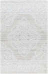 Close-up of the Denae Cream Area Rug featuring a traditional, floral-inspired pattern in gray and white hues. Design-Rectangle-576